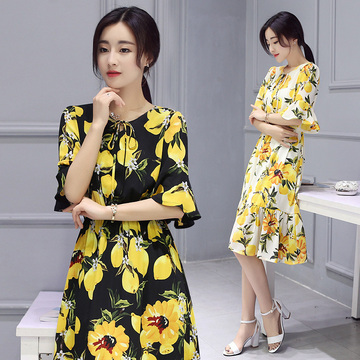 2016夏装新款韩版女装五分袖柠檬印花修身中长款时尚雪纺连衣裙女