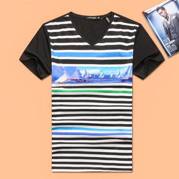 2016男装 男士休闲打底短袖t恤 夏季新款修身双丝光棉印花V领T恤