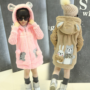 童装女童外套冬装2016新款韩版加厚小女孩中长款大衣卡通帽上衣潮
