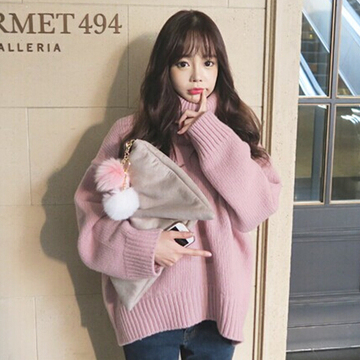 韩国新款高领套头毛衣女外套秋冬装学生纯色针织衫宽松大码上衣潮