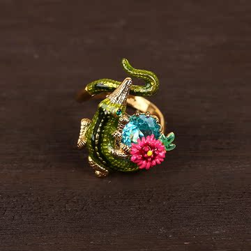 新品LES N雷娜海代购  珐琅彩釉可爱小鳄鱼花朵宝石可调节戒指