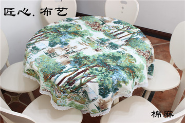 美式乡村亚棉麻圆形油画桌布餐台布正方形方桌布艺茶几圆桌宽大