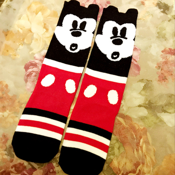 由美家 2016秋装新款 米奇可爱红色女童装宝宝卡通长筒袜中筒袜子