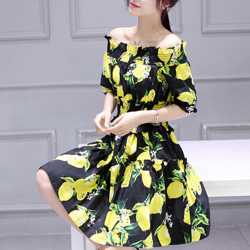 2016夏装新款韩版女装五分袖一字领柠檬印花中长款修身时尚连衣裙