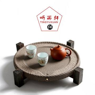 石头茶盘复古创意石磨圆形托盘功夫茶具简约家用办公茶台紫砂茶海