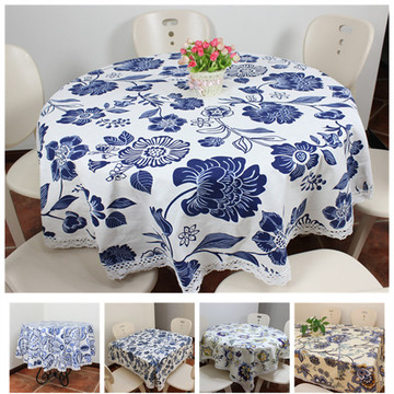 定制中国风中式古典青花瓷小圆形正方形亚棉麻餐桌布艺茶几盖巾台