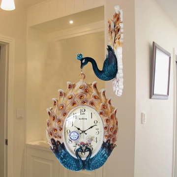 欧美式复古挂钟双面钟客厅韩式钟表创意个性孔雀大号静音两面挂表