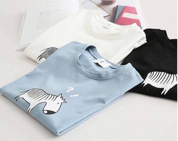 小乌龟 韩版夏季宽松短袖休闲卡通斑马字母印花女式t恤