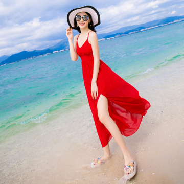 夏季新款纯色V领吊带雪纺连衣裙波西米亚长裙露背海边开叉沙滩裙