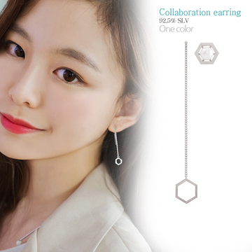 韩版S925纯银几何形六边形淡水珍珠不对称耳钉耳线