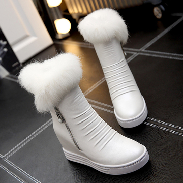 冬季白色平底雪地靴女短靴真兔毛隐形内增高中筒靴厚底保暖棉鞋子