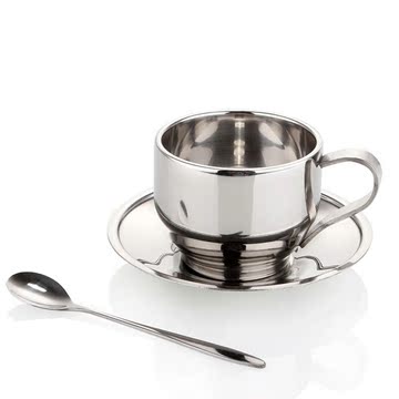 双层不锈钢精致咖啡杯碟 一杯一碟不锈钢杯 咖啡杯套杯欧式 送勺