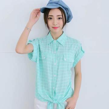 衬衫女2016新款夏装学生韩版棉衬衣短袖格子宽松衬衣