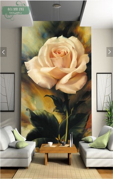 现代欧式3d立体玫瑰花油画玄关背景墙壁纸    客厅沙发大型壁画
