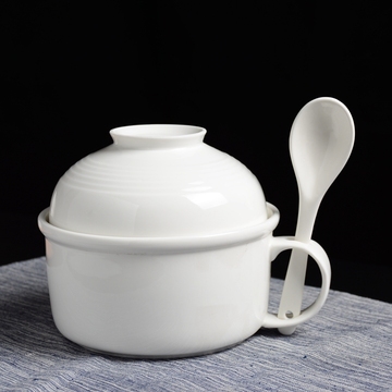 韩式创意便当碗带盖纯白陶瓷碗日式米饭汤碗带把面杯餐具带勺包邮