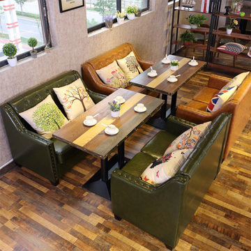 复古美式咖啡馆茶西餐厅桌椅甜品店双人皮艺沙发卡座餐桌组合定制