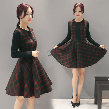 2016秋装新款韩版复古修身显瘦蕾丝格子毛呢连衣裙长袖针织打底裙