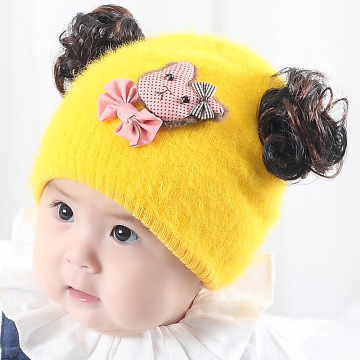 帽子女宝宝婴儿套头帽假发帽毛线帽秋冬针织帽3月-12月幼童小童