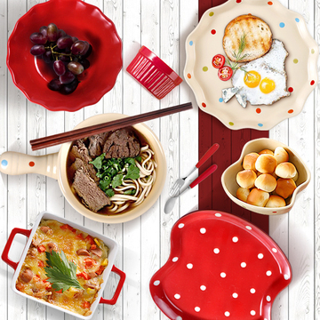 日式陶瓷手柄沙拉碗泡面碗平盘家用装菜盘 可爱波点陶瓷餐具合集