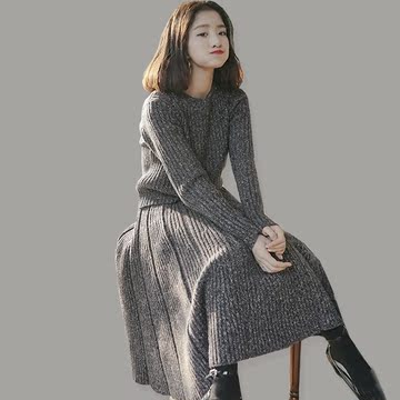 2016秋冬新款长袖毛衣裙两件套针织套装韩版修身显瘦连衣裙气质潮