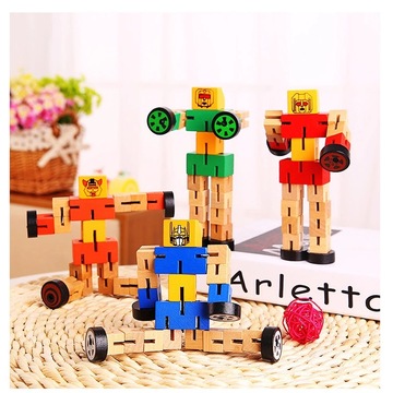包邮变形金刚百变汽车玩偶机器人 木质儿童拼装益智动脑积木玩具