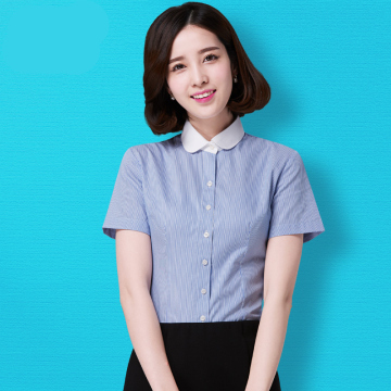 夏装女士条纹衬衫 女短袖职业正装韩版修身蓝色学生开衫工作服装