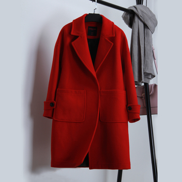 2016纽约秋冬新款 带袢字母大衣 红色翻领毛呢外套女中长款呢大衣