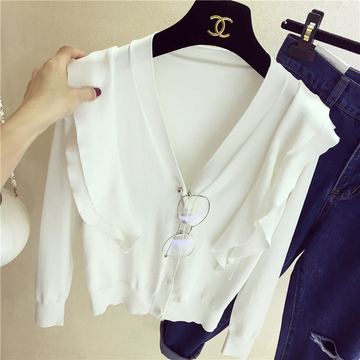 2017新款高端设计韩式拼接双层花边短款长袖品质针织衫上衣外套女