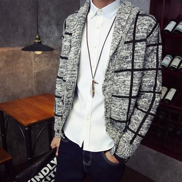 2016冬男士韩版短款格子外套加厚加大码开衫针织毛衣青年大衣潮