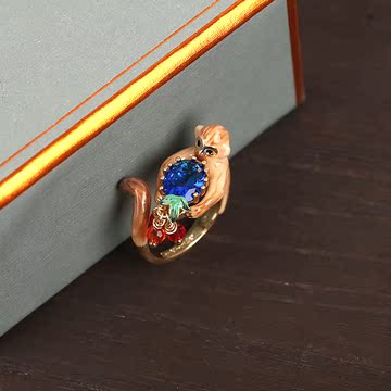 新品LES N雷娜海猴子系列  珐琅彩釉小猕猴蓝宝石珍珠可调节戒指