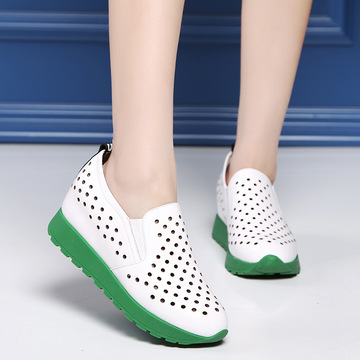 XZ2016夏秋新款韩版坡跟内增高女鞋真皮休闲凉鞋运动洞洞透气单鞋