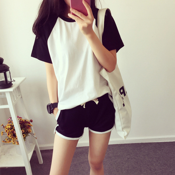 夏装新款韩版女装拼接插肩袖套装少女运动服套装短袖T恤女小短裤