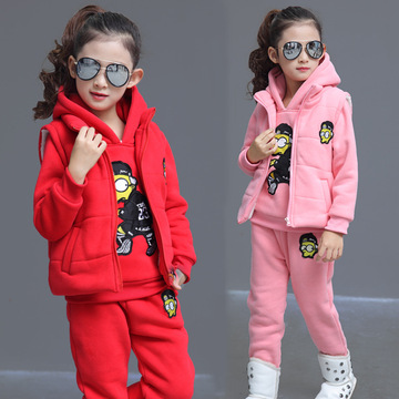 童套装 2016冬季新款韩版 女童中大童时尚带帽卡通红色卫衣三件套