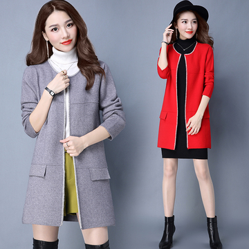 针织衫女开衫韩版纯色修身中长款2016秋季圆领毛衣长袖羊毛衫外套