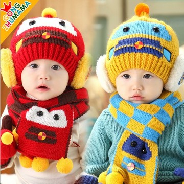 秋冬新款韩版儿童围巾帽子两件套  宝宝护耳帽保暖针织毛线帽套装