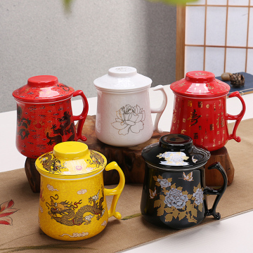 陶瓷茶杯景德镇三件套带盖过滤泡茶杯功夫茶杯个人办公LOGO定制