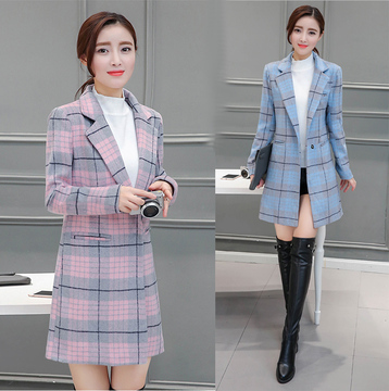 2016秋冬装新款韩版女装毛呢外套长袖中长款修身显瘦格子呢子大衣