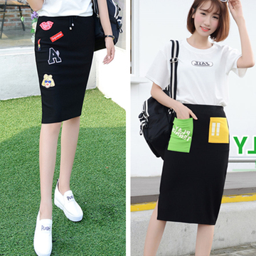 夏季韩版高腰显瘦撞色贴袋半身裙女学生字母印花开叉包臀裙短裙潮