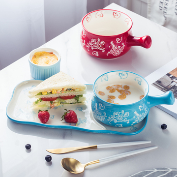 陶瓷早餐碗套装 日式创意手绘汤碗面碗家用餐具甜品碗面碗带把碗