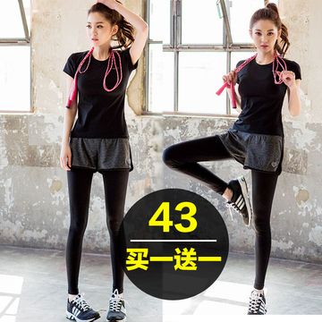 大码夏季韩国瑜伽服三件套装健身房跑步速干短袖上衣假两件运动裤