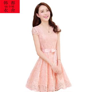 2016夏季新款 韩版大码女装 时尚修身条纹漏肩圆领短袖雪纺连衣裙