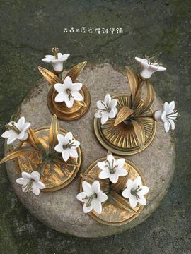 出口铁艺做旧仿铜雕花镂空陶瓷仿真花朵盖子摆件 古董装饰品孤品
