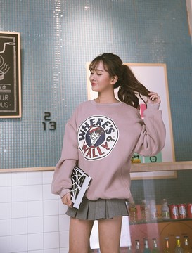 韩版秋季女卡通字母印花加绒学院风纯棉长袖t恤上衣宽松圆领卫衣