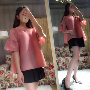 2016韩版褶皱喇叭袖T恤女宽松大码女装上衣三宅短袖纯色夏装褶衣