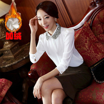 加绒加厚雪纺衬衫女式长袖刺绣领韩版职业装白衬衣保暖内衣打底衫