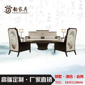 新中式酒店实木布艺沙发组合三人定制现代会所别墅售楼处客厅家具