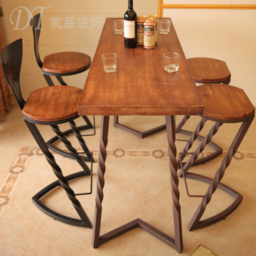 创意实木吧台椅子铁艺做旧高脚酒吧凳时尚咖啡厅餐桌椅星巴克桌椅