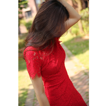 欧洲站2017D家 夏天新款 气质红色短袖修身收腰连衣裙 露腰蕾丝裙