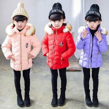 童装女童棉衣2016秋冬新款韩版中小童加厚保暖中长款毛领棉服外套