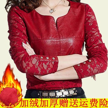 【天天特价】女装红色上衣修身显瘦蕾丝衫长袖秋冬加绒加厚打底衫